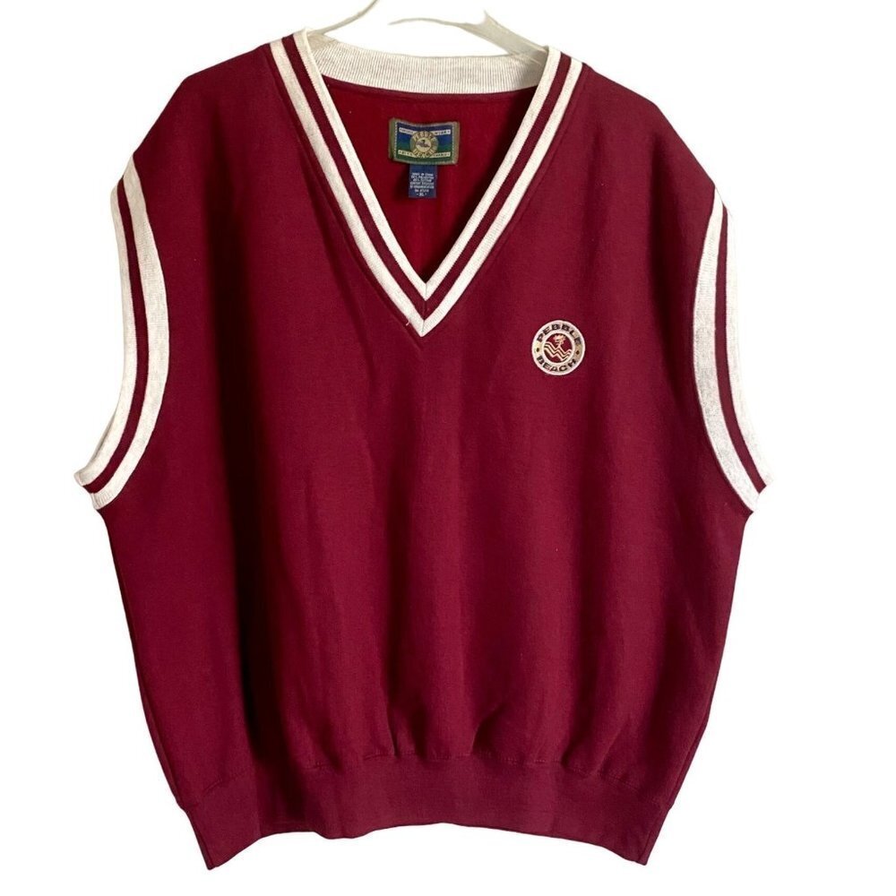 Classic Pebble Beach V Neck Sleeveless Maroon Pullover Vest Men's XL